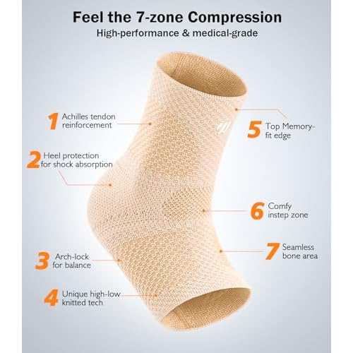 Flat Knitting Ankle Brace For Women&Men, 7-Zone Dynamic Compression Sleeve w/Flex Strap,Foot Support For Sports, Sprained Ankle, Achilles Tendonitis, Plantar Fasciitis Relief(Pack of1) M,Nude