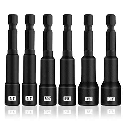 BOEN 1/4 inch Magnetic Nut Driver Set, 6 Piece Impact Drill Driver Bit Set, Length 1/4", 5/16", 3/8", Quick-Change Hex Shank SAE Nut Driver, Cr-V Steel, Black Manganese Phosphate Coating