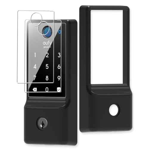 ¡¼3 in 1¡½ Silicone case for eufy Security Smart Lock C220 Electronic Fingerprint Keypad Deadbolt with Code, with 2 Pack Tempered Glass Screen Protectors-Black
