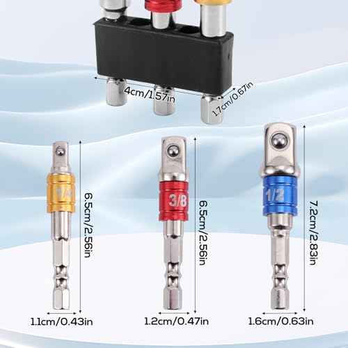 3pcs Impact Grade Socket Adapter Set, 1/2" 3/8" 1/4" Impact Driver Socket Adapter Hex Shank Drill Bit Adapters for Cordless Drill Screwdriver Power Drills