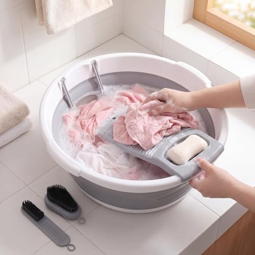 Lounsweer Gray Collapsible Laundry Washboard with Detachable Scrubbing Brush