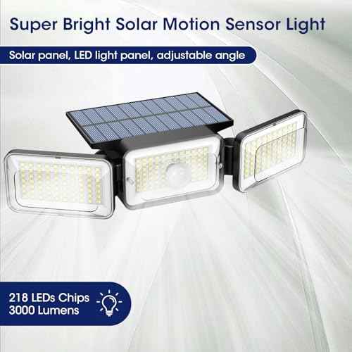 Solar Lights Outdoor Waterproof, Motion Sensor & Flood Outdoor Lights with Remote Control, 4 Adjustable Modes, 3000LM & 218 LED, High-Energy-Density Solar Panel-Monocrystalline Technology, 2 Pack