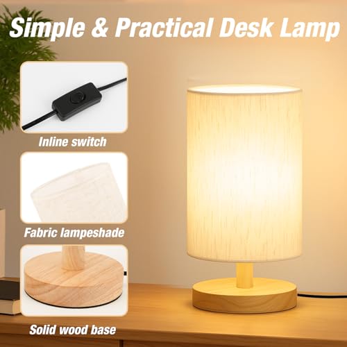 EZIYIN Flax White Bedside Table Lamp with Wooden Base & LED Bulb - Small Nightstand Light for Bedroom & Office