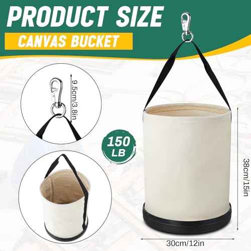 1 Pack Utility Canvas Tool Bucket 15" x 12" All Purpose Canvas Bucket Bag, Truck Tool Organizer with Plastic Bottom Metal Hook for Store Work Accessory, Load Capacity up to 150 Lbs (White)