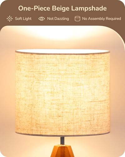 EDISHINE Small Tripod Bedside Lamp with Light Brown Wooden Finish, 14.2 Inch, E26 Base