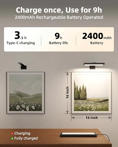 EZVALO Black Rechargeable LED Picture Light 7.87'' with Remote, 3 Color & Dimmable, Magnetic, Wall Display Lighting