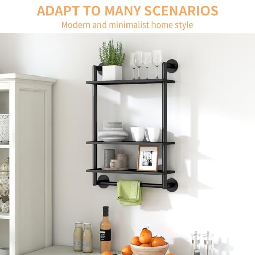 Bathroom Shelves Wall Mounted, 3 Tier Towel Racks with Towel Bar, 26in Stainless Steel Floating Pipe Shelves Over Toilet, Wall Shelves for Bathroom Laundry Room Kitchen Storage