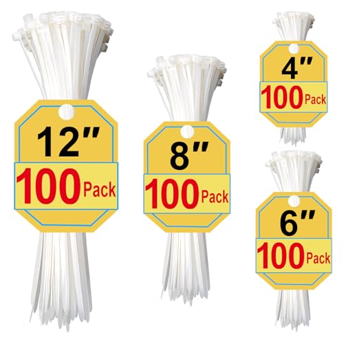 SiKuLin 400-Pack Assorted White Zip Ties 4, 6, 8 & 12 Inch UV Resistant Cable Ties