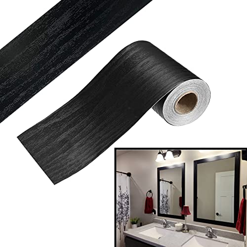 Black Wood Grain 3D 10M Wallpaper Border Peel & Stick PVC Wall Covering Kitchen Bathroom Bedroom Tiles Decor Sticker,4 Inch by 32.8 Feet