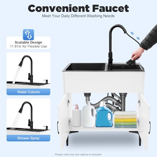 White Laundry Sink with Cabinet and Pull-Out Faucet - Double Basin Utility Sink for Garage & Bathroom