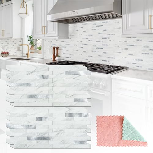 StyloVue Peel and Stick Backsplash Tiles - White Marble with Silver Metal Look, 20 Sheets