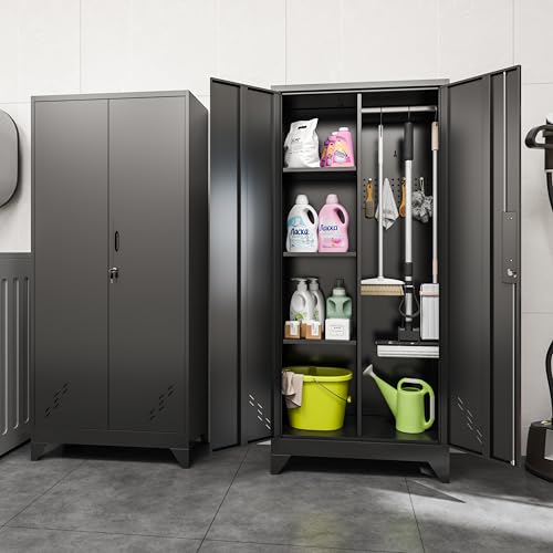 CBNTKI 61" Black Lockable Metal Garage Storage Cabinet with Pegboard & Hanging Rod