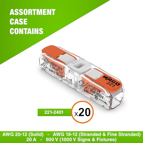 20 Pack WAGO Inline Compact Splicing Wire Connectors - Series 221, 2 Conductor
