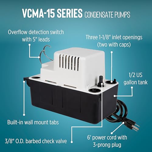 Little Giant VCMA-15ULST Condensate Pump with Overflow Switch & 20ft Tubing, 115V, 65 GPH