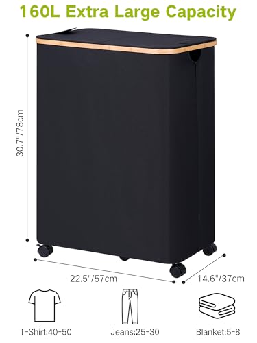 efluky 160L Double Laundry Hamper with Wheels & Removable Bags, 2-Section Sorter