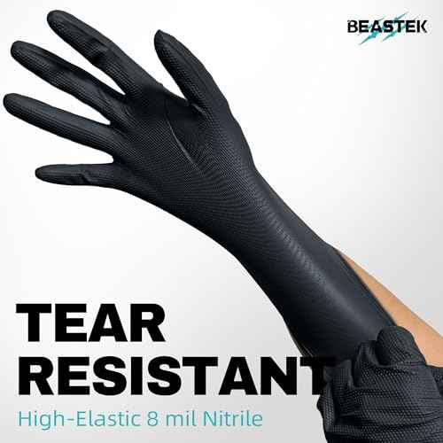 Beastek Nitrile Disposable Gloves, 8Mil Latex & Powder Free Chemical Resistant Heavy Duty Food Safe Diamond Glove Black 50Pcs