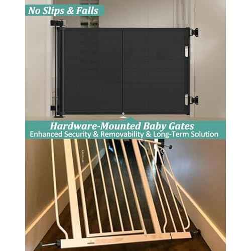 59 inch Retractable Baby Gates 34 inch Tall, Retractable Gate with Reinforced Strip Design to Prevent Crawling Through, 5 FT Retractable Dog Gate for Stairs, Doorways, Hallways, Indoor/Outdoor