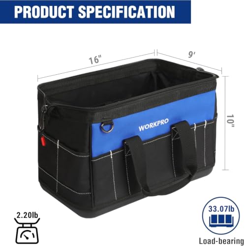 WORKPRO 16-inch Wide Mouth Tool Bag with Water-Proof Molded Base, Blue & Black