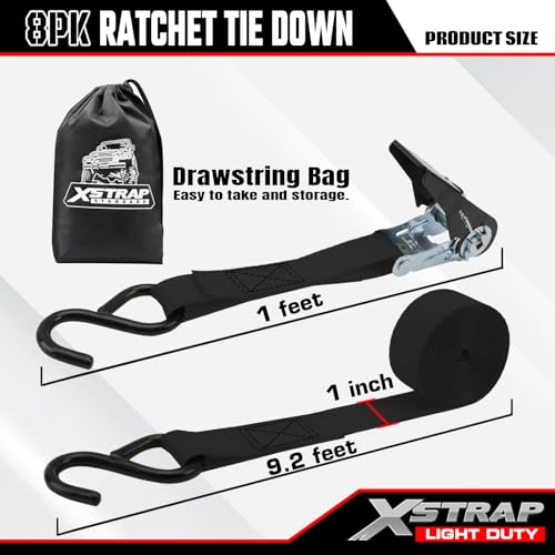 XSTRAP STANDARD 8-Pack 1x10ft Ratchet Tie Down Straps Black - Cargo Securing