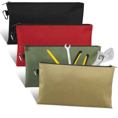 4 Pack Tool Bag, Premium Tool Pouch Zipper Bag, 12" Tool Pouch with Zipper, Multipurpose Storage Pouch with Carabiner for Tools, Stationary, Pencil Pouch, Gadgets, Cosmetics