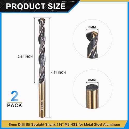 PATIKIL 8mm Drill Bit, Jobber Straight Shank M2 High-Speed Steel 118¡Æ Nitriding Black and Gold Finish for Stainless Steel Hard Metal - 2 Pack