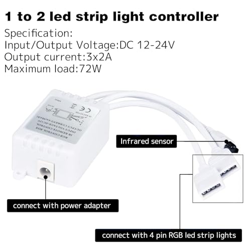 Ruirui RGB LED Strip Light Controller with Remote, 44 Keys, 2 Ports