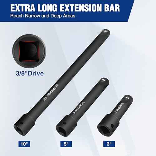 WORKPRO 3/8" Drive Impact Extension Bar Set, 3 PCS Socket Extensions, 3¡±, 5¡± and 10¡± Length, Premium Chrome Vanadium Steel with Black Phosphate Finish