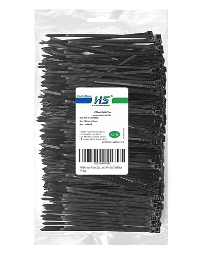 HS 4-Inch Black Nylon Cable Ties Bulk Pack 1000 - Heavy Duty Self-Locking Wire Ties