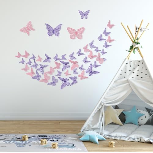 48Pcs Butterfly Wall Decor Set - 4 Styles, 3 Sizes in Purple & Pink, 3D Metal Wall Stickers for Party & Home