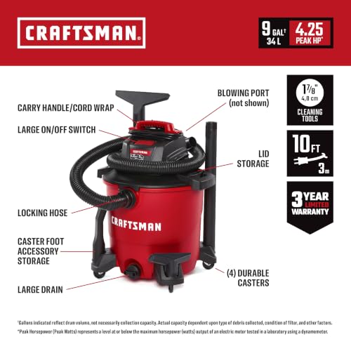 Craftsman 9 Gallon Wet Dry Shop Vacuum 4.25 Peak HP with Blower Port