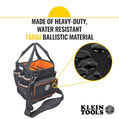 Klein Tools 5541610-14 10-Inch Tool Tote Bag with Shoulder Strap, 40 Pockets, Durable Orange Interior