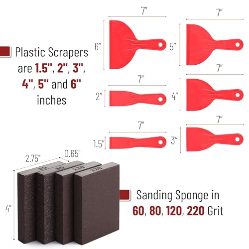 Bates- Putty Knife Set with Sanding Sponge, 10 pcs, Plastic Paint Scraper, Sandpaper Block, Putty Knives, Sandpaper Block Sander, Spackle Tool, Plastic Putty Knife Set