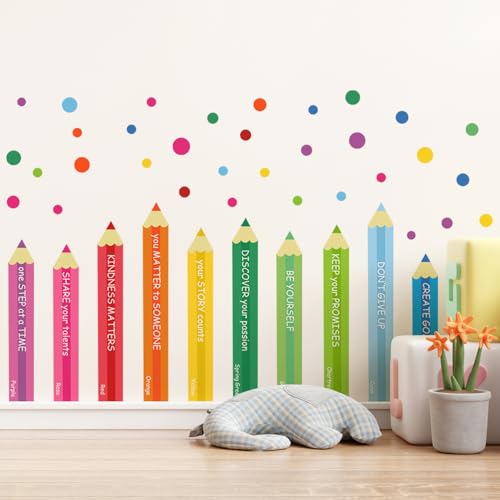 Removable DIY Color Pencils Wall Decals Watercolor Colored Dot Wall Stickers Vinyl Wall Inspirational Quotes Art Stickers for Kids Bedroom Living Room Classroom Playroom Home Wall Decor