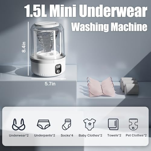 White Portable Mini Underwear Washing Machine 1.5L Rechargeable for Travel & Home