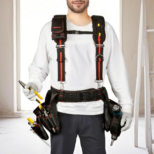 Heavy Duty Tool Belt Suspenders ? Adjustable X-Back Padded Shoulder Harness with Universal Hooks ? Tactical Work Suspenders for Electricians, Carpenters, Construction