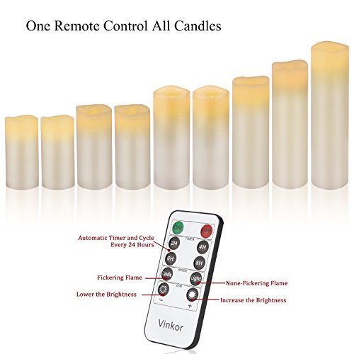 Vinkor Set of 9 Ivory Flameless Candles with Remote & Timer - Real Wax Pillar LED Decor
