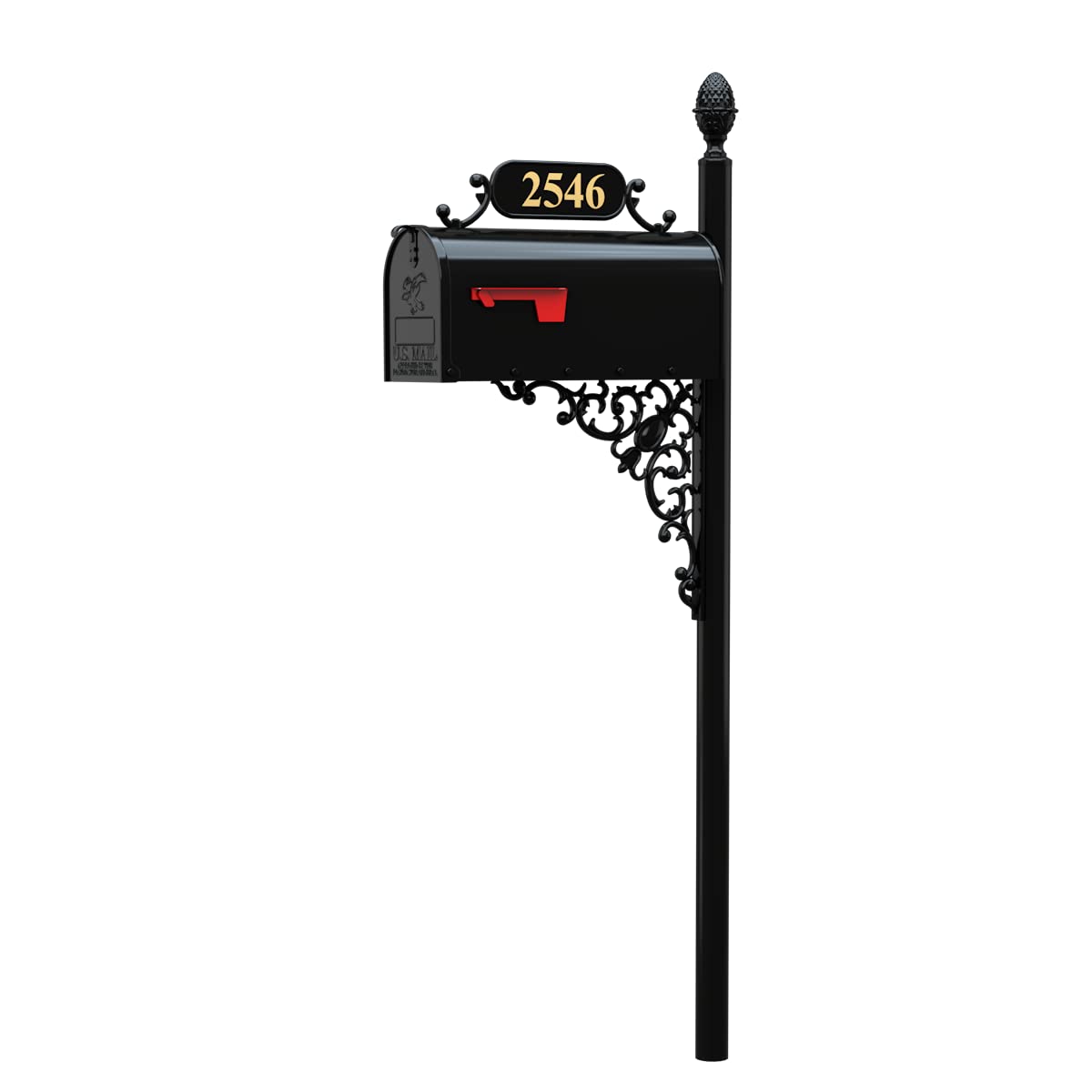 ADDRESSES OF DISTINCTION Oak Mailbox & Post Kit – Black Mailbox System – Includes Address Plaque, Bracket & Mounting Hardware – Rust Resistant Metal Mailbox with Decorative Finial