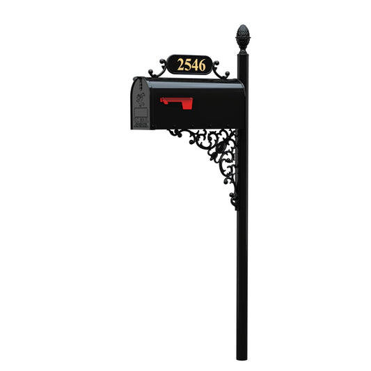 ADDRESSES OF DISTINCTION Oak Mailbox & Post Kit – Black Mailbox System – Includes Address Plaque, Bracket & Mounting Hardware – Rust Resistant Metal Mailbox with Decorative Finial