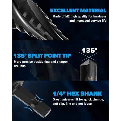 1/4-3/4 Inch Four Spiral Flute Step Drill Bit, M2 High Speed Steel 1/4" Hex Shank Step Drill Bit for Metal, Steel, Aluminum, Plastic Hole Drilling Cutting, 9 Step Size Step Bit