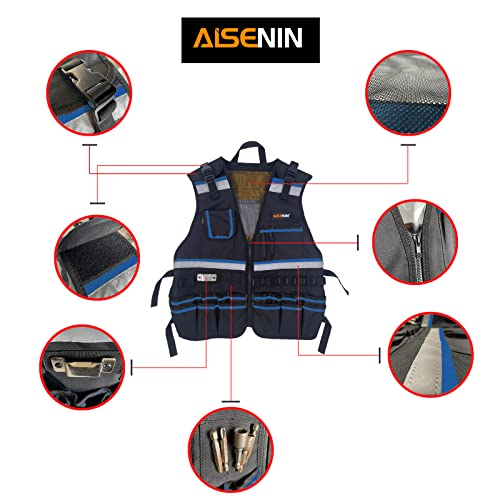 AISENIN Reflective Safety Tool Vest with Multi-pockets and Zipper,Heavy Duty Tool Vest for Electricians Carpenter
