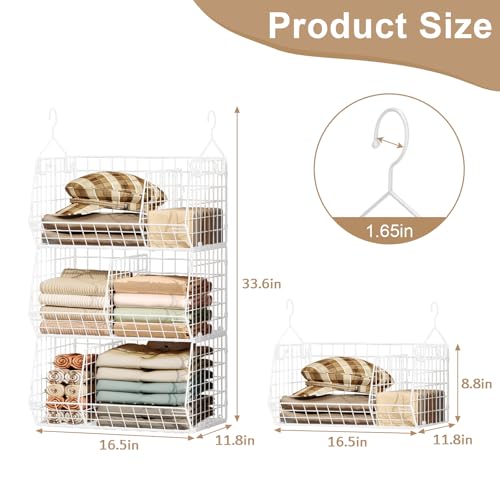 White 3-Tier Closet Hanging Shelves with Divider & S Hooks - Large Storage Organizer