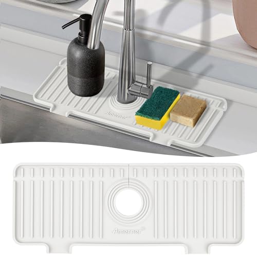 Amerner 14.2 x 5.1 Inch White Silicone Sink Splash Guard & Faucet Mat - Kitchen & Bathroom Organizer