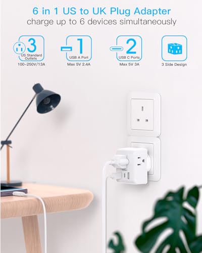 2 Pack UK to US Travel Plug Adapter with USB-C & USB-A Charging - Type G