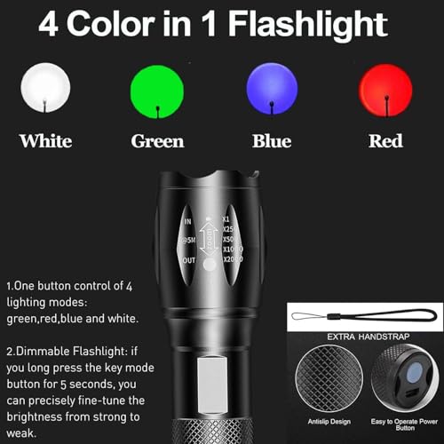 5 Pack Red Flashlight Rechargeable, Green Light Flashlight, Blue Light Flashlight£¬Long Range Powerful, 4 in 1 Multi-Color, White, Red, Blue and Green Lights, 4 Color Modes for Camping,Outdoor