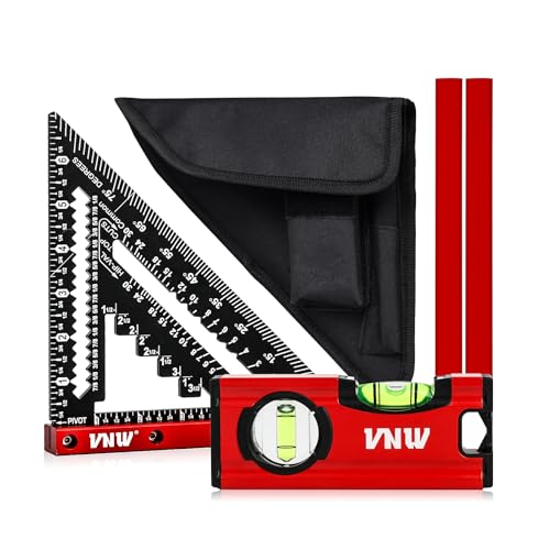 VNW 7-Inch Rafter Square with Black Bag, Aluminum 1/8" Precision Heavy-Duty Carpenter Pencil & Level Set