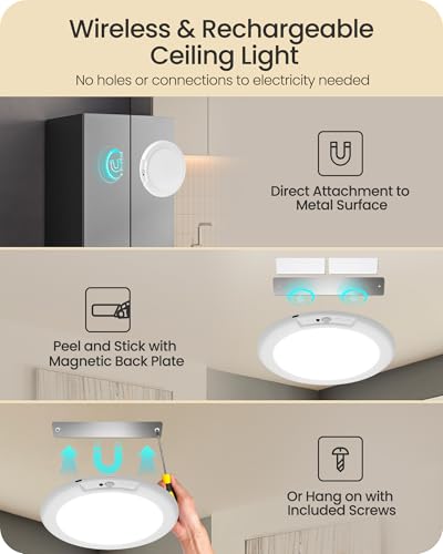 Rechargeable Wireless Motion Sensor Ceiling Light with Remote - 3 Color Temperatures