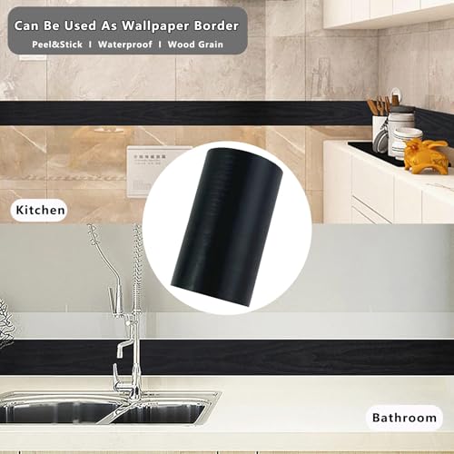 DESOMINOR 32FT Black Peel & Stick Wood Grain Wallpaper Border - Removable Waterproof Bathroom Mirror Frame Sticker, 3.93 Inch Wide
