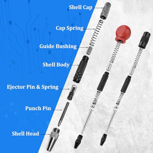 3PCS 6" and 5" Automatic Center Punch with 3PCS Replacement Tip, Adjustable Spring Loaded Center Punch, Center Hole Punch Tool for Wood, Metal, Plastic, Stone and Glass