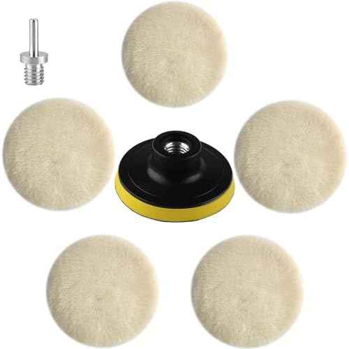 IPELY 7 Pcs 3 Inch Wool Polisher Buffing Wheel Small Buffing Pads for Drill Buffer Attachment with M10 Drill Adapter
