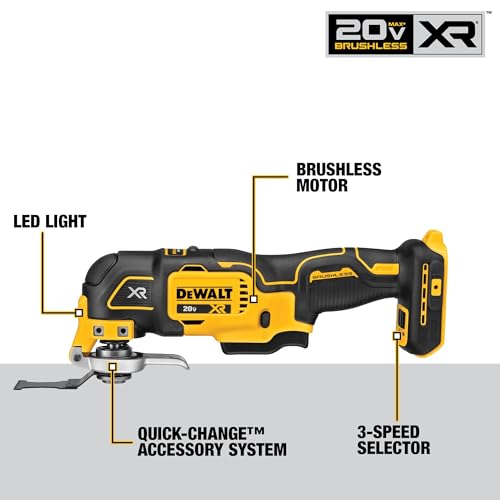 DEWALT 20V MAX XR Oscillating Multi-Tool Kit, Cordless Brushless, 3-Speed, LED Light, 2 Wood Blades, Tool Only